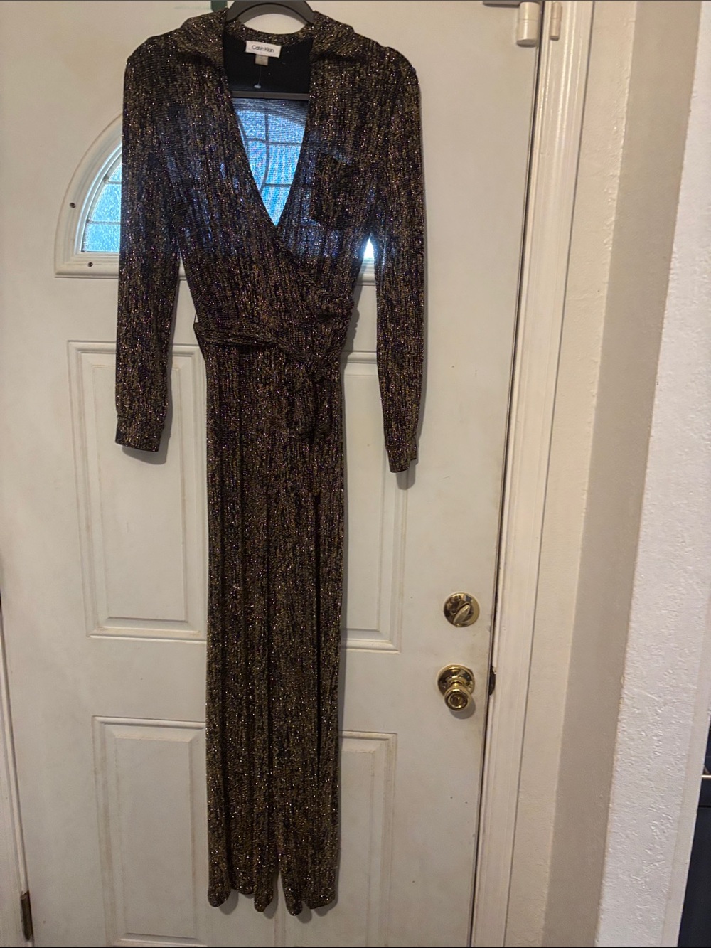 Calvin Klein Black and Gold Lurex Wrap Jumpsuit-NWOT p2p19, rise 21, w14, ins42
